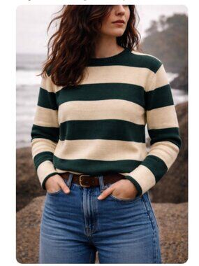 Vintage Dehen Knitting Co Striped Sweater Green Cream Size Small